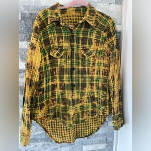 Women's NU VINTAGE Flannel Plaid Button Up Cotton Shirt-Yellow, GREEN